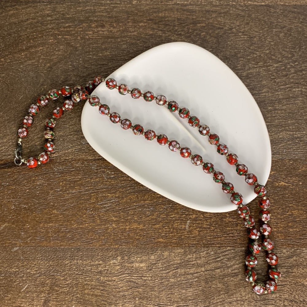 Vintage Red Cloisonné Beaded Necklace